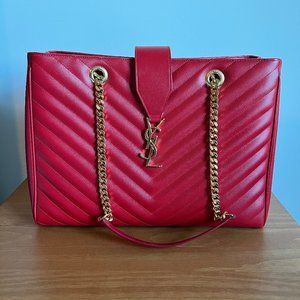 Saint Laurent Chevron-Quilted Leather Shoulder Chain Tote Bag, Red